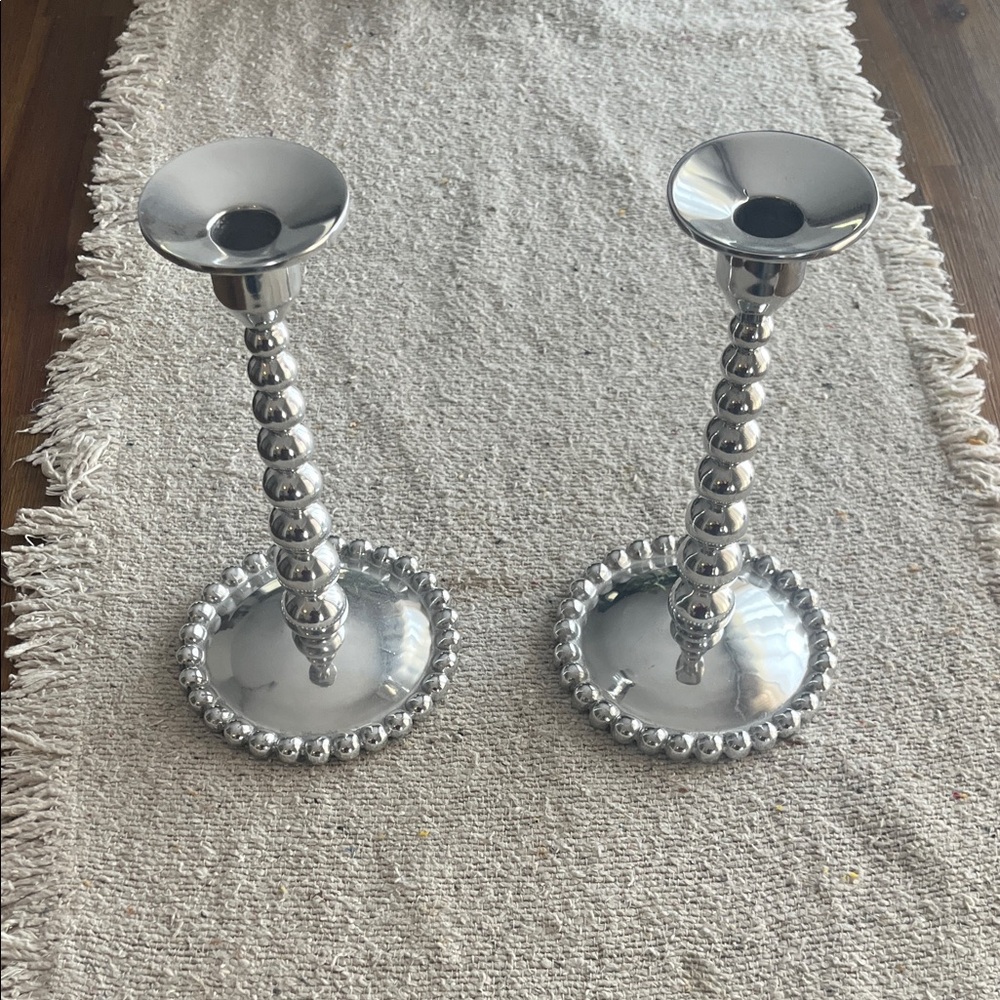 Mariposa Silver Beaded Pedestal Candle Holder set of two